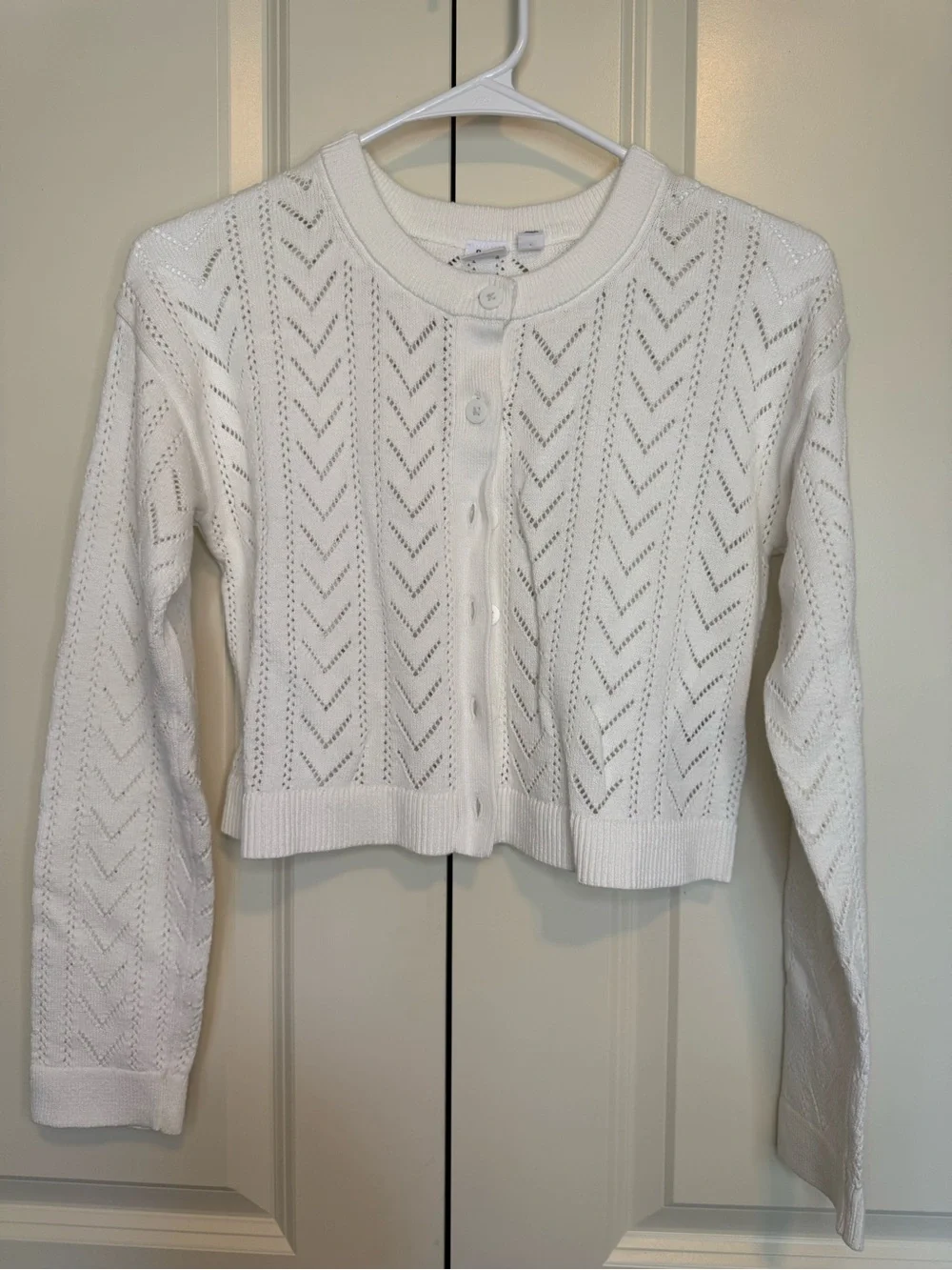 GAP White Pointelle Crewneck Button Cardigan